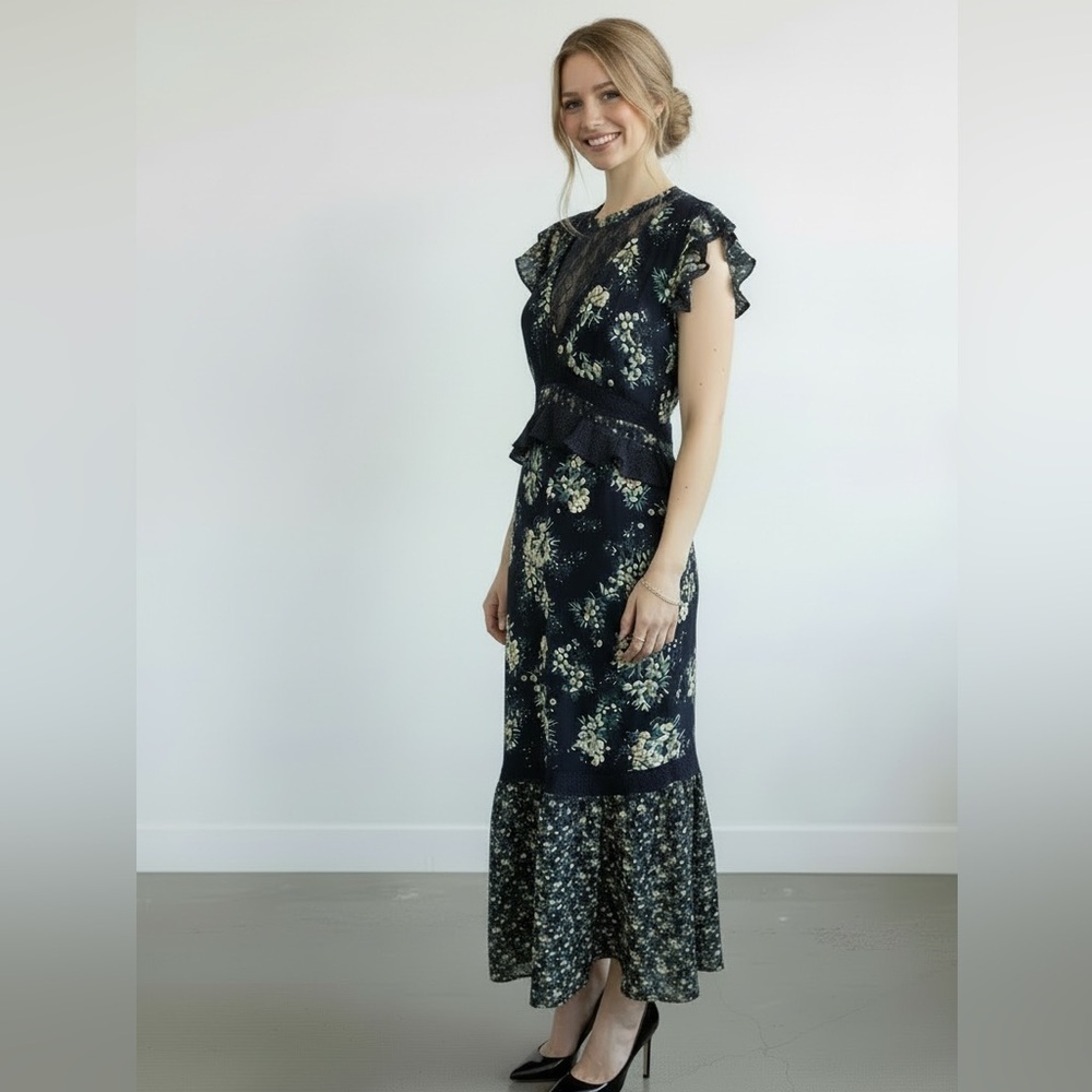 Sugarlips Floral Flutter Sleve Navy Blue Dress Women’s size L